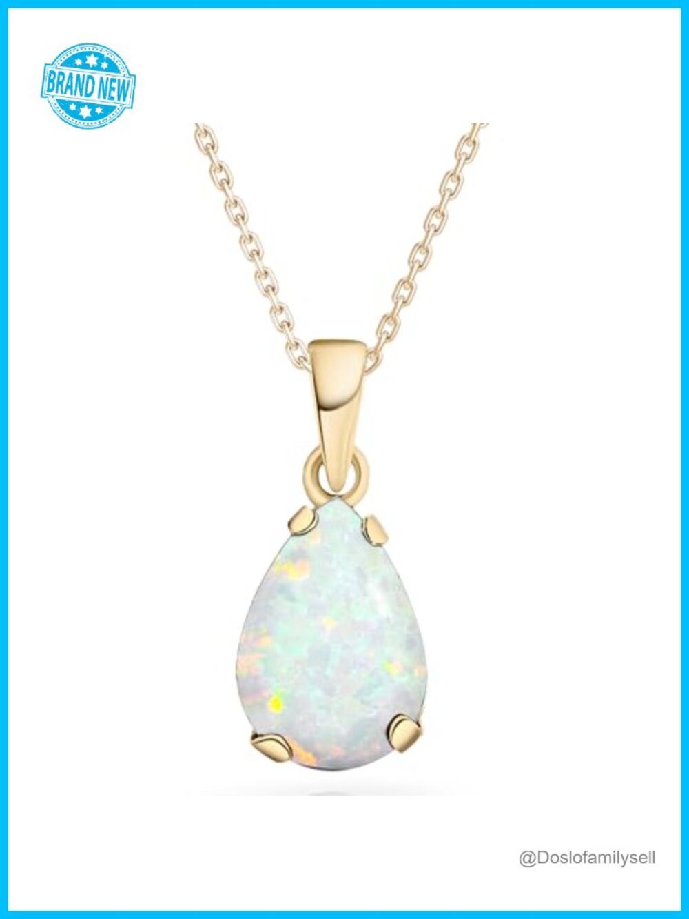 14K Solid Gold Teardrop Pendant Necklace Simulated White Opal 18in
